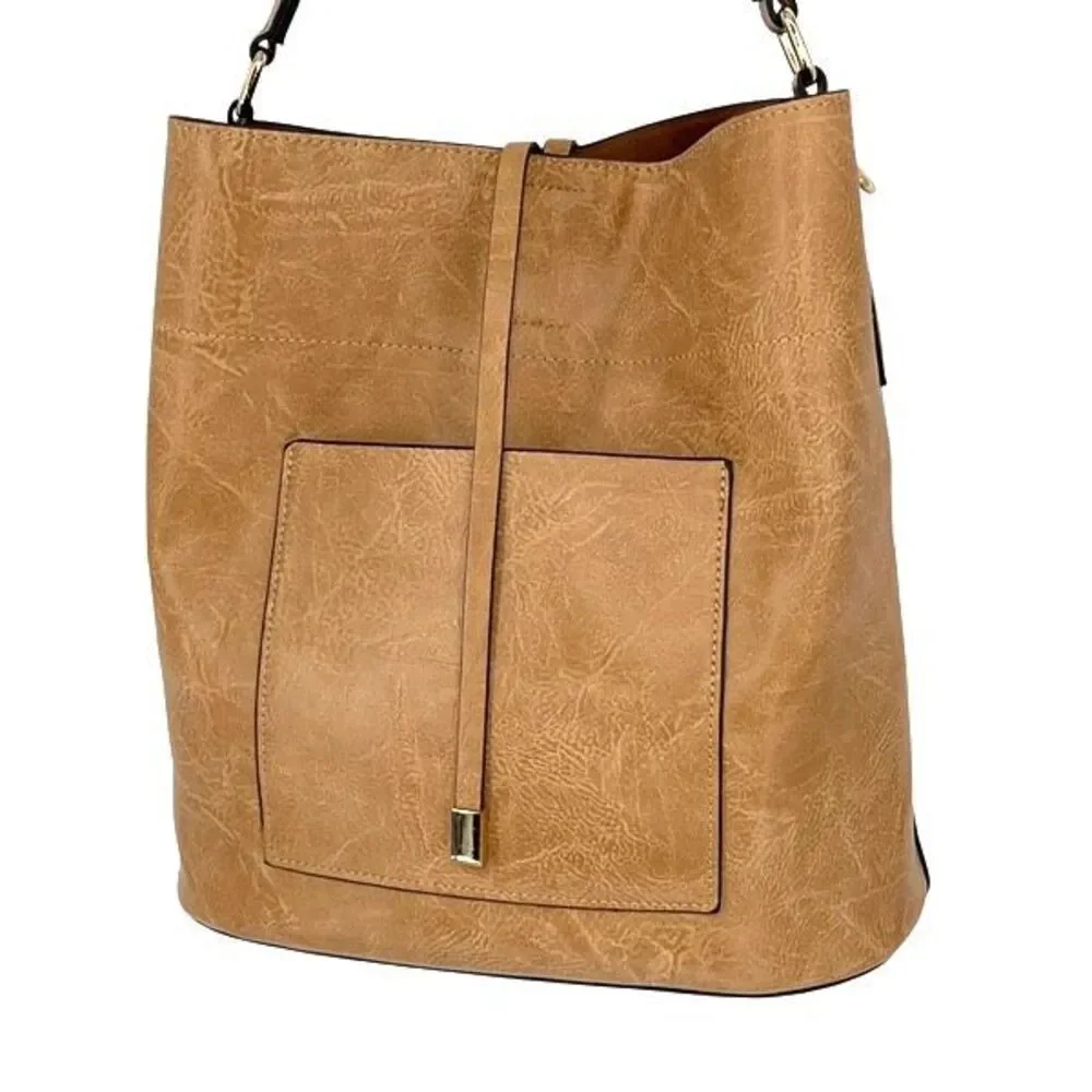 Unbranded Hobo Bag Set Womens‎ OS Tan Boho Vegan Leather Textured 2-Piece Tote